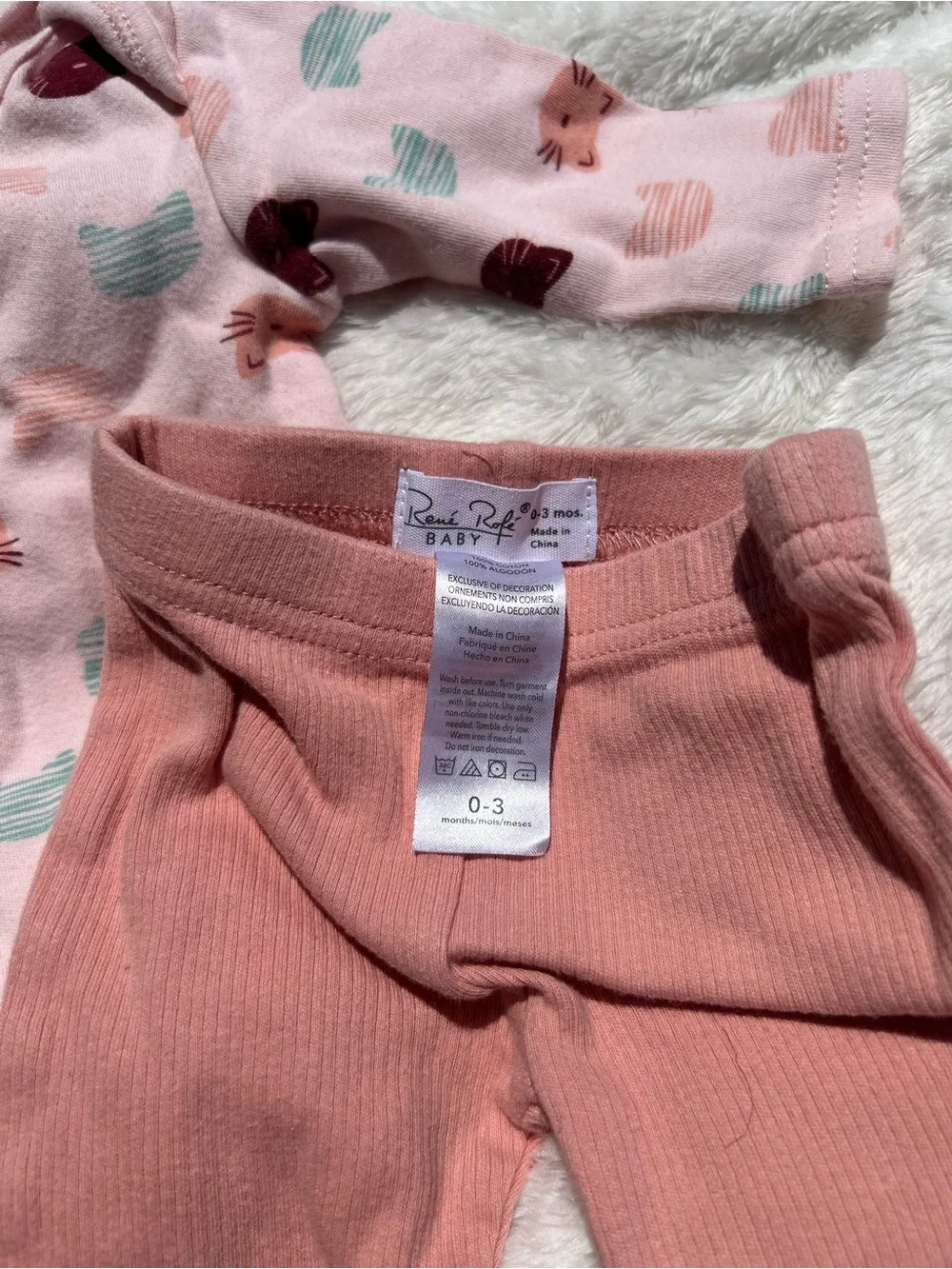 Rene Rofe Baby Pink Cat Print Onesie with Dusty Rose Ribbed Pants